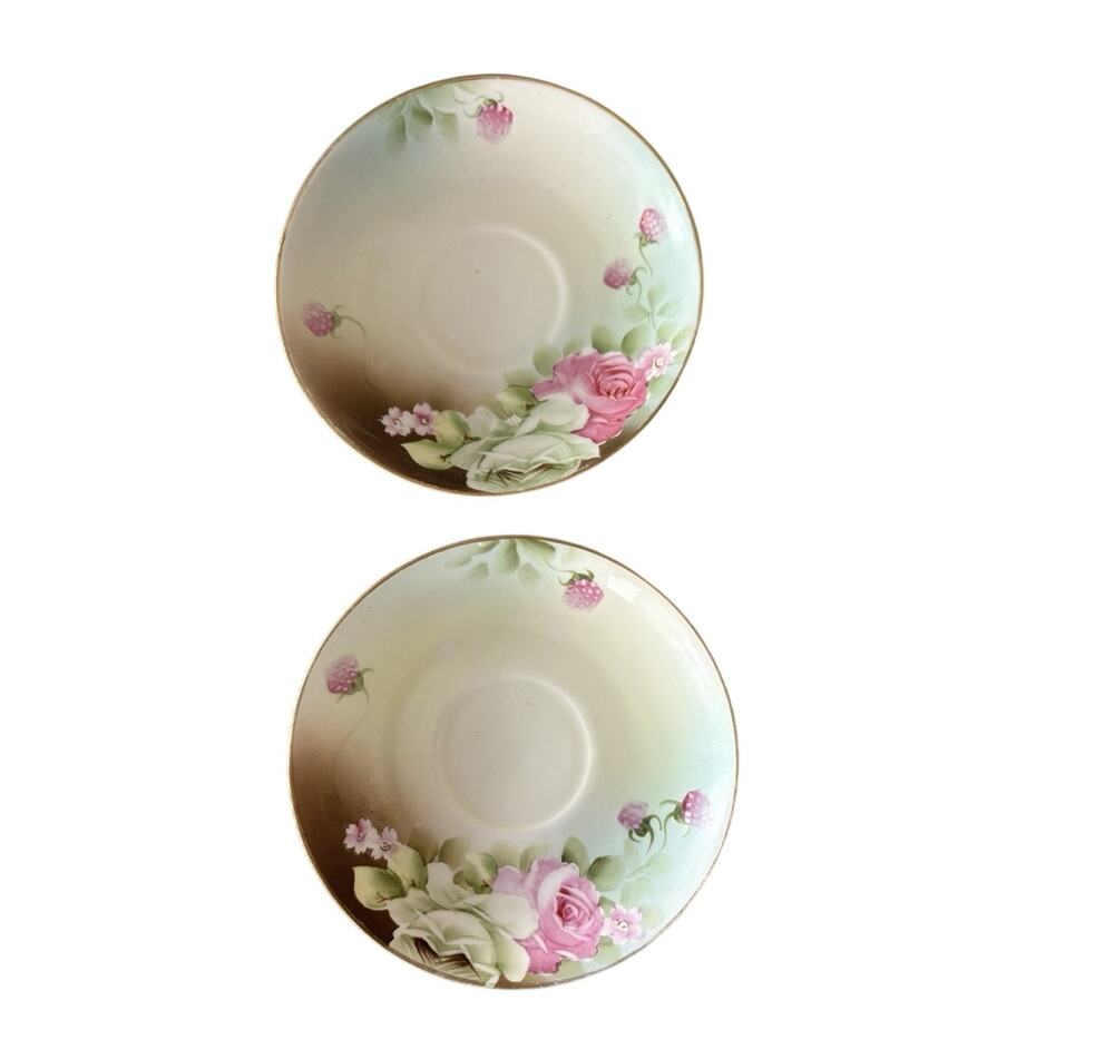 Pair Antique Hand Painted Floral Berry Gold Rim Porcelain Saucers 6.25”